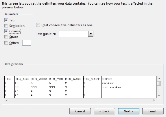 Text to Columns Wizard to convert delimited file to spreadsheet format-delimiters
